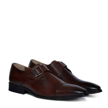 Single Monk Derby Style Dark Brown Genuine Leather Men's Formal Shoes