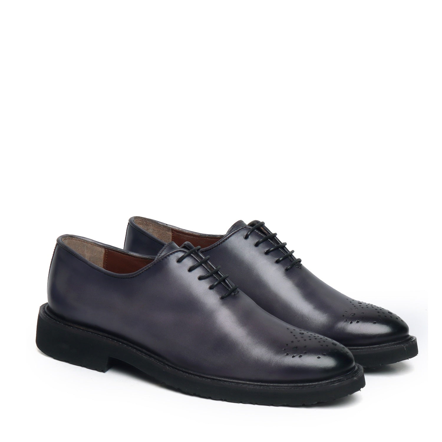 Lightweight Oxford Shoes Grey Leather Whole Cut/One Piece Medallion Toe By Brune & Bareskin