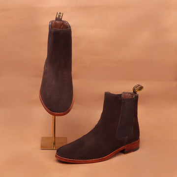 Suede Leather Chelsea Boot In Dark Brown Color