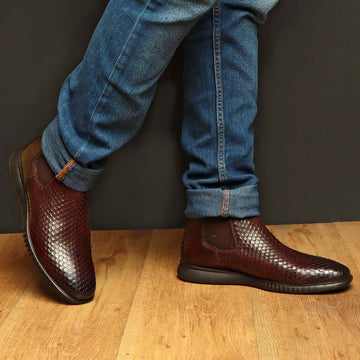 Dark Brown Chelsea Boot with Hand scaling Snake Skin Textured Leather Light weight sole