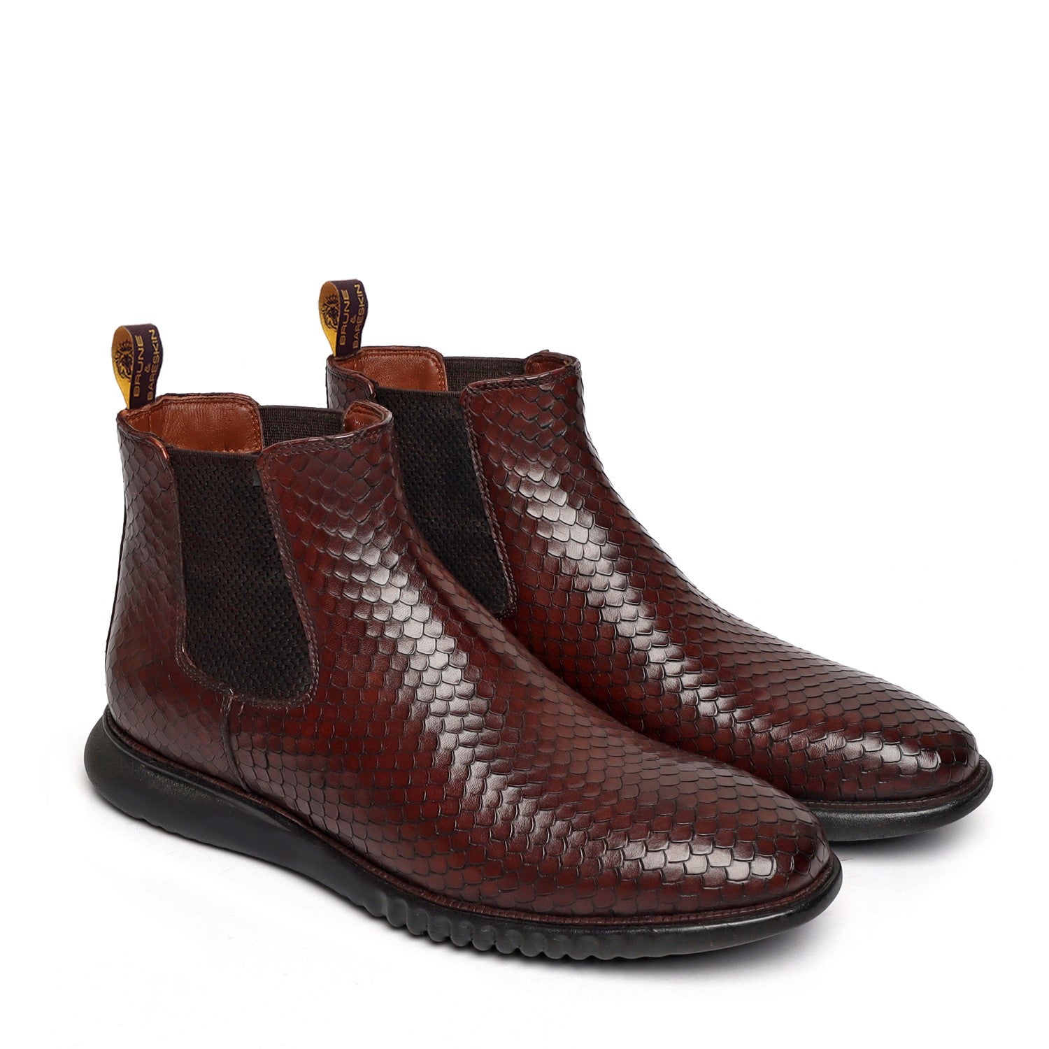 Dark Brown Chelsea Boot with Hand scaling Snake Skin Textured Leather Light weight sole