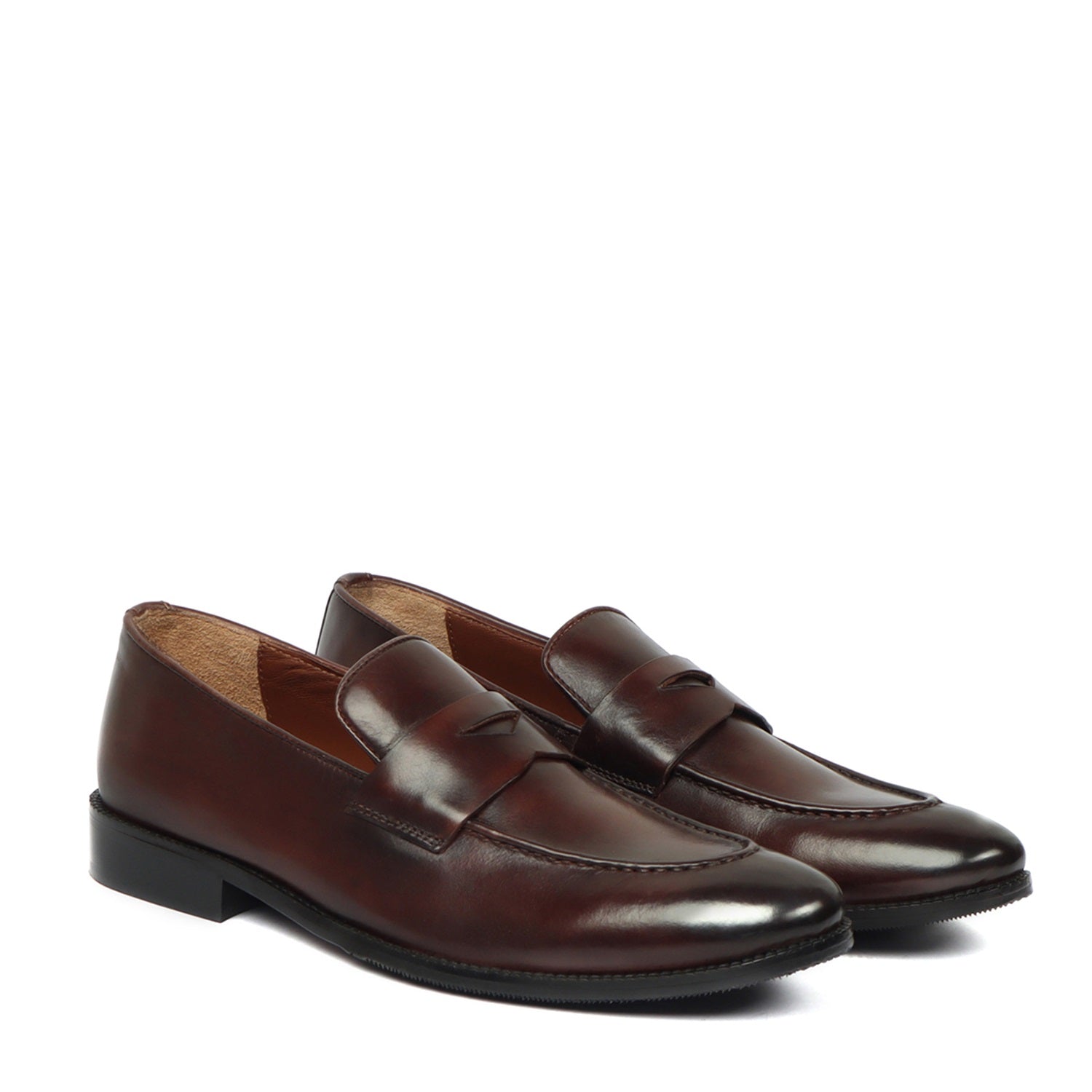 Dark Brown Leather Penny Loafers With Triangular Cut-Strap