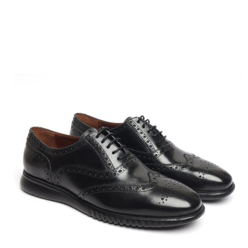 Light Weight Collection Black Leather Brogue Shoe with Flat Cushioned Sole