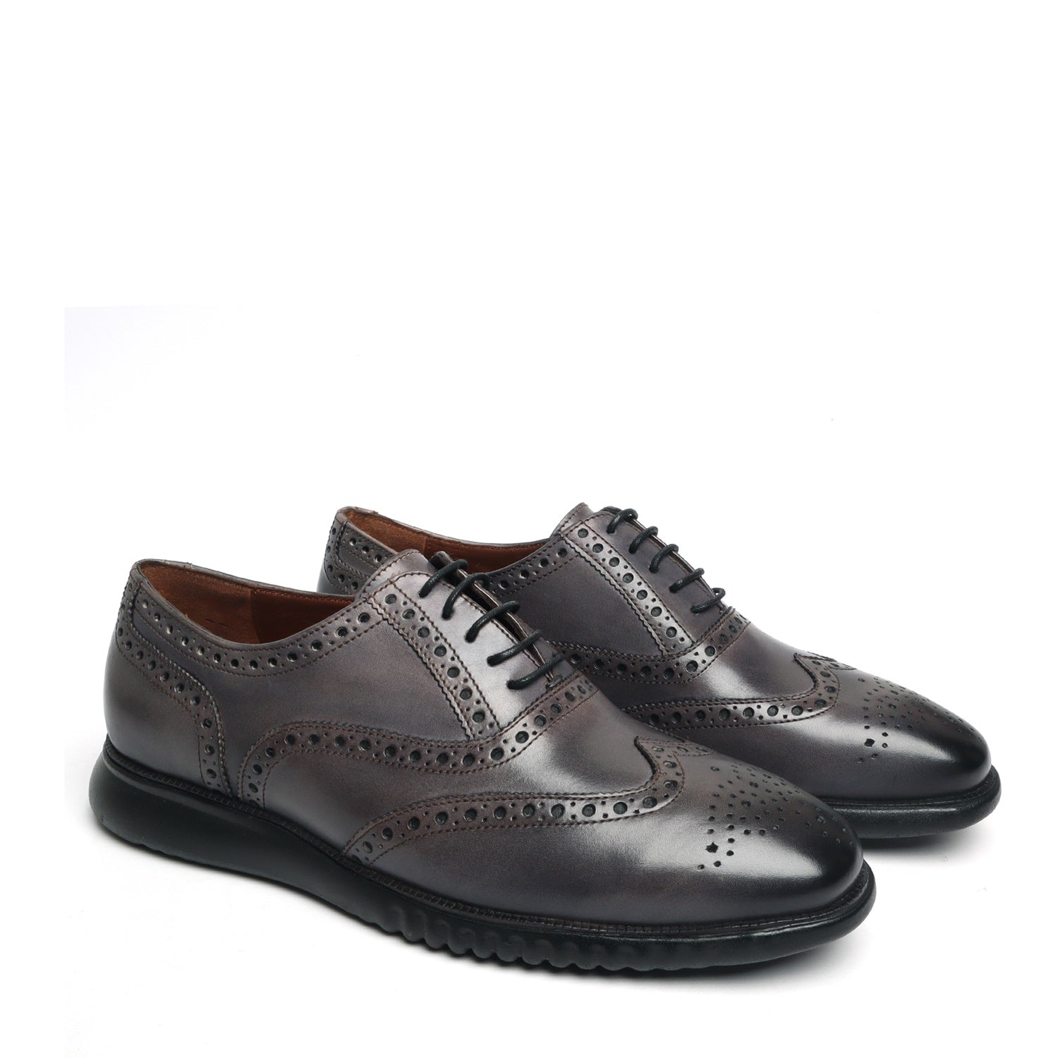 Light Weight Collection Grey Leather Brogue Shoe with Flat Cushioned Sole