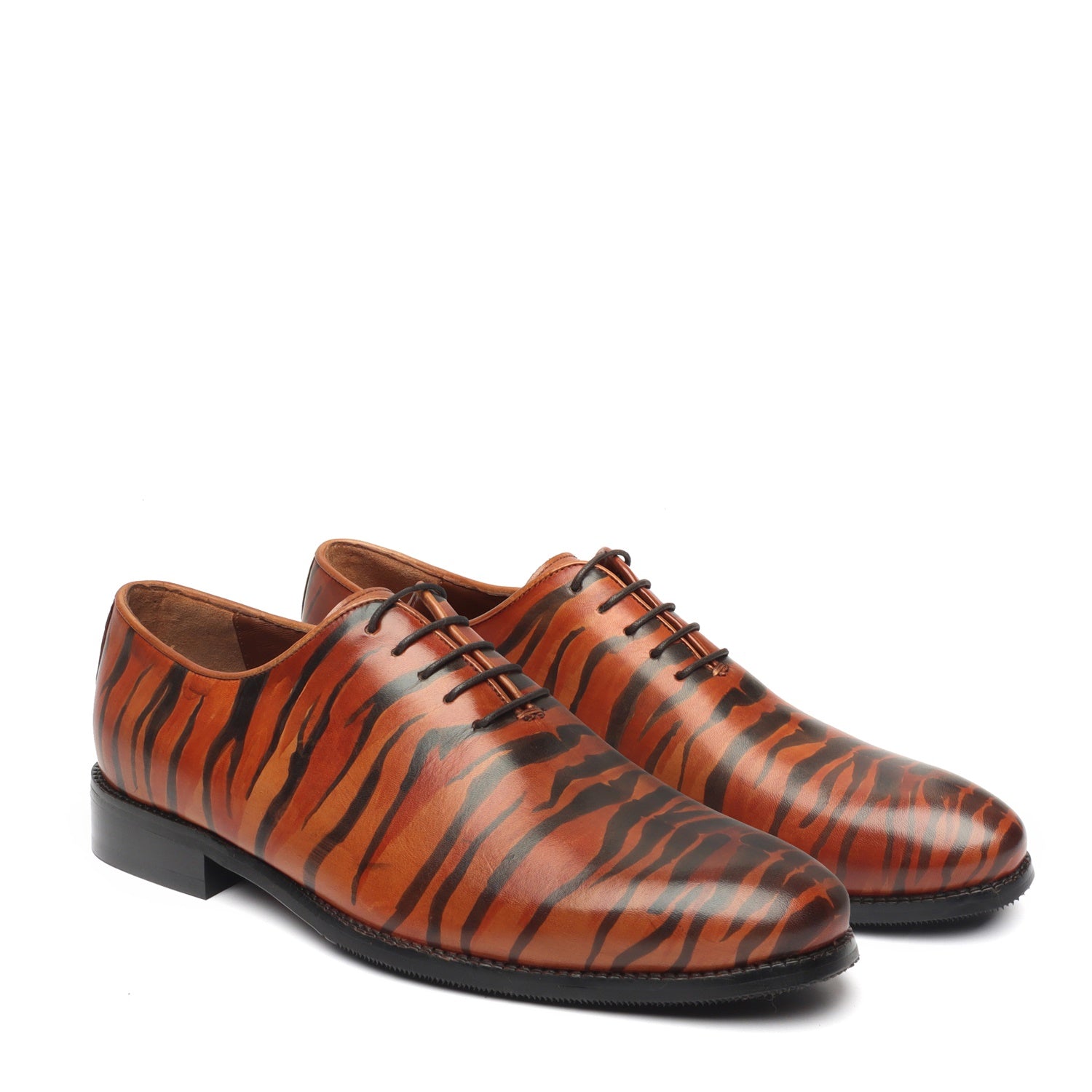 Hand Painted Tribal Tiger Styled Single Piece Tan Leather Oxfords Shoes by Brune & Bareskin