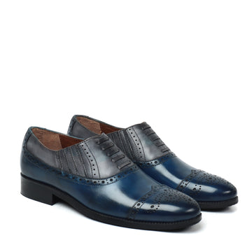 Dual Tone Grey Blue Lazy Man Stylish Wingtip Punching Brogues with Fixed Lace Oxfords by Brune & Bareskin