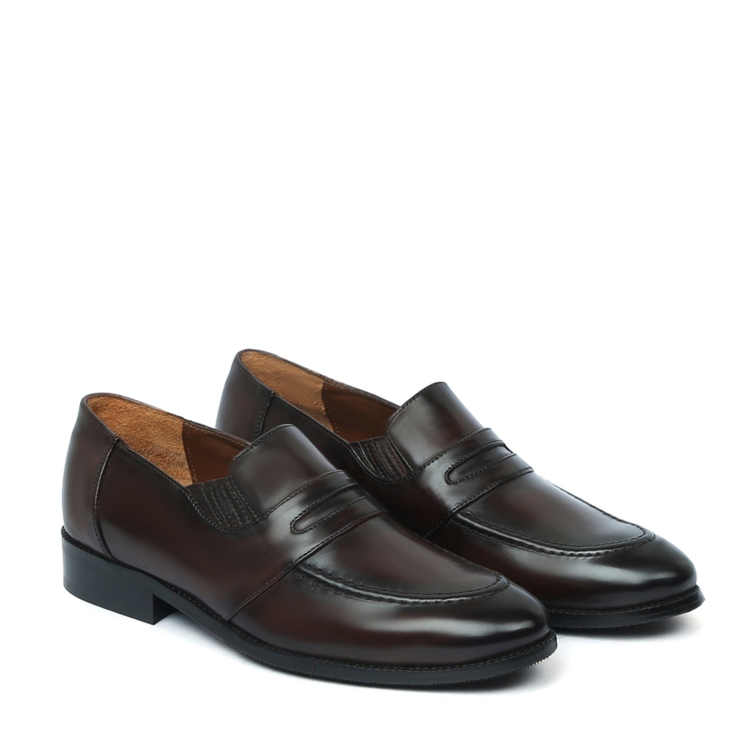 Burnished Dark Brown Penny Loafers in Genuine Leather