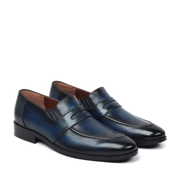 Burnished Darker Blue Penny Loafers in Genuine Leather