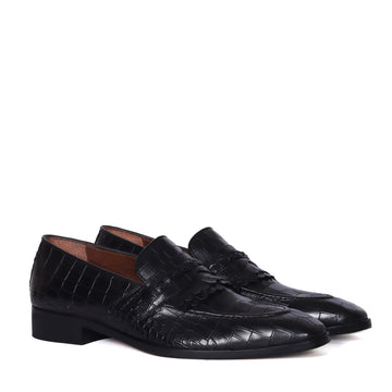 Black Croco Textured Leather Loafers Dual Fringes Weaved Strip Slip-On Shoes by Brune & Bareskin