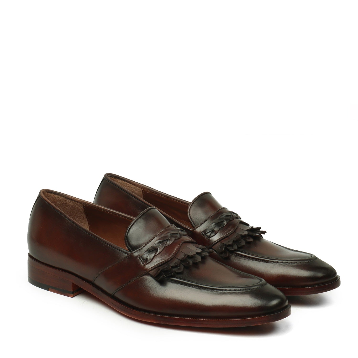 Weaved Strip Slip-On Loafers in Dark Brown Leather with Dual Fringes by Brune & Bareskin