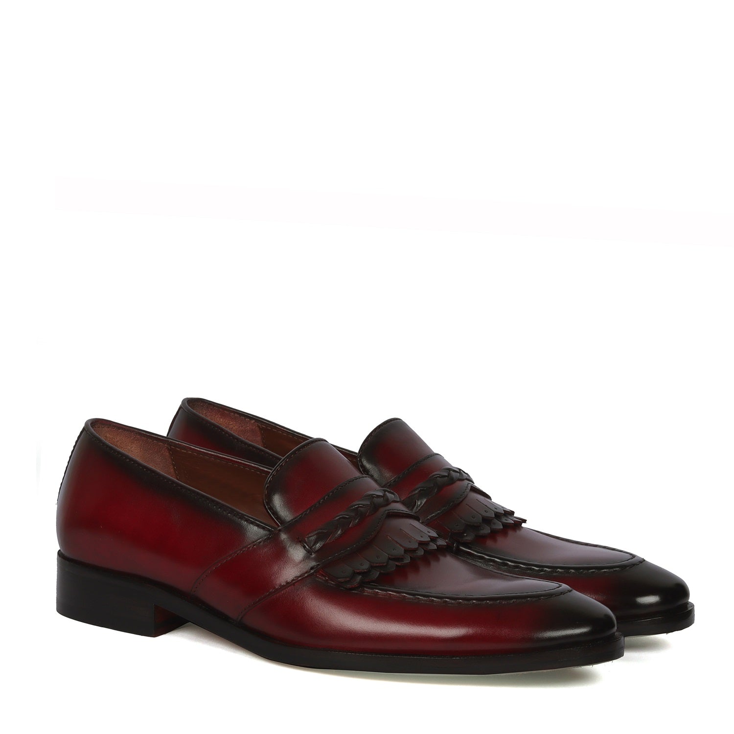 Wine Leather Slip-On Loafers with Dual Fringes Weaved Strip By Brune & Bareskin