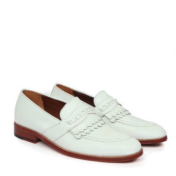 Dual Fringes Slip-On Loafers in White Leather with Weaved Strip by Brune & Bareskin