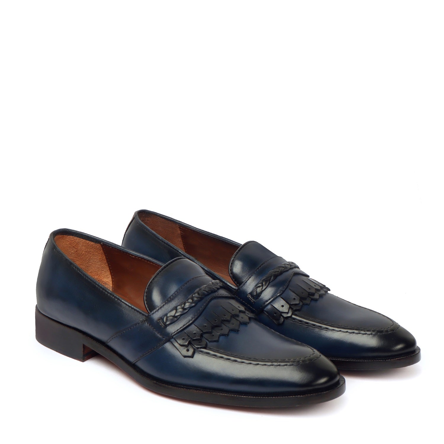 Men's Blue Leather Slip-On Loafers with Dual Fringes Weaved Strip by Brune & Bareskin