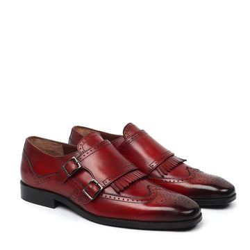 Wine Medallion Toe Wingtip Punching with Fringes Double Monk Strap Formals by Brune & Bareskin