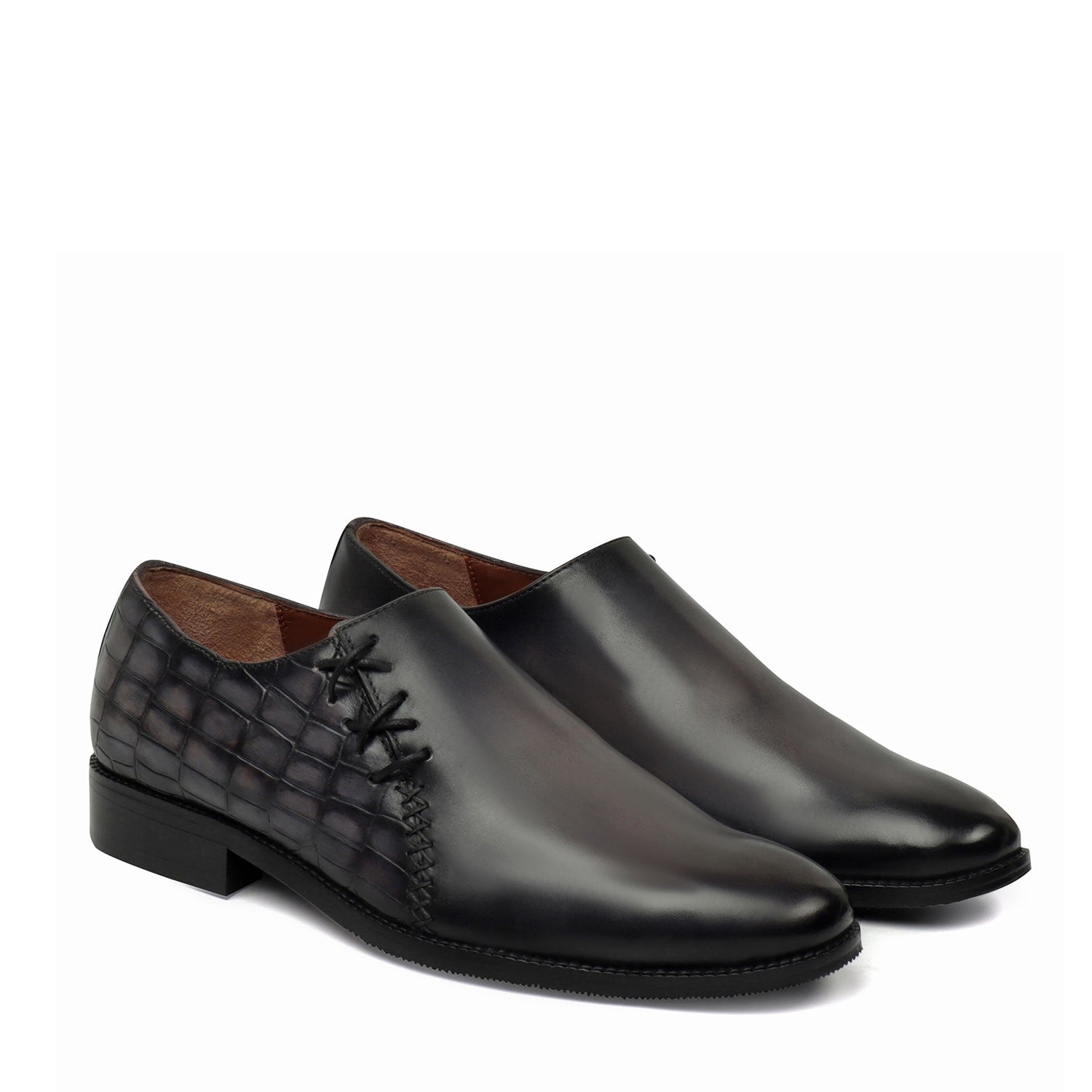 Grey Cross Stitched Side Lacing with Quarter Deep Cut Croco Leather Formal Shoes by Brune & Bareskin
