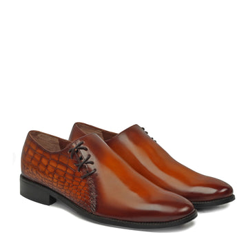 Tan Cross Stitched Side Lacing with Quarter Deep Cut Croco Leather Formal Shoes by Brune & Bareskin