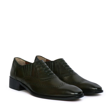 Olive Lazy Man Stylish Wingtip Punching with Fixed Oxfords Lace-up Shoes by Brune & Bareskin