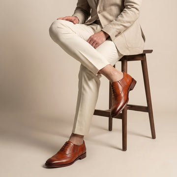 Tan Lazy Man Stylish Wingtip Punching with Fixed Lace Oxfords by Brune & Bareskin