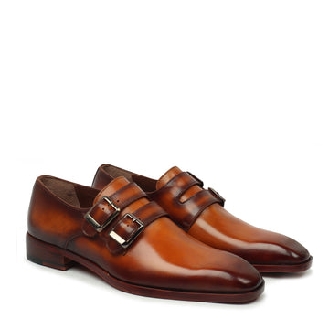 Squared Toe Tan Leather Sole Parallel Double Monk Strap Shoes by Brune & Bareskin