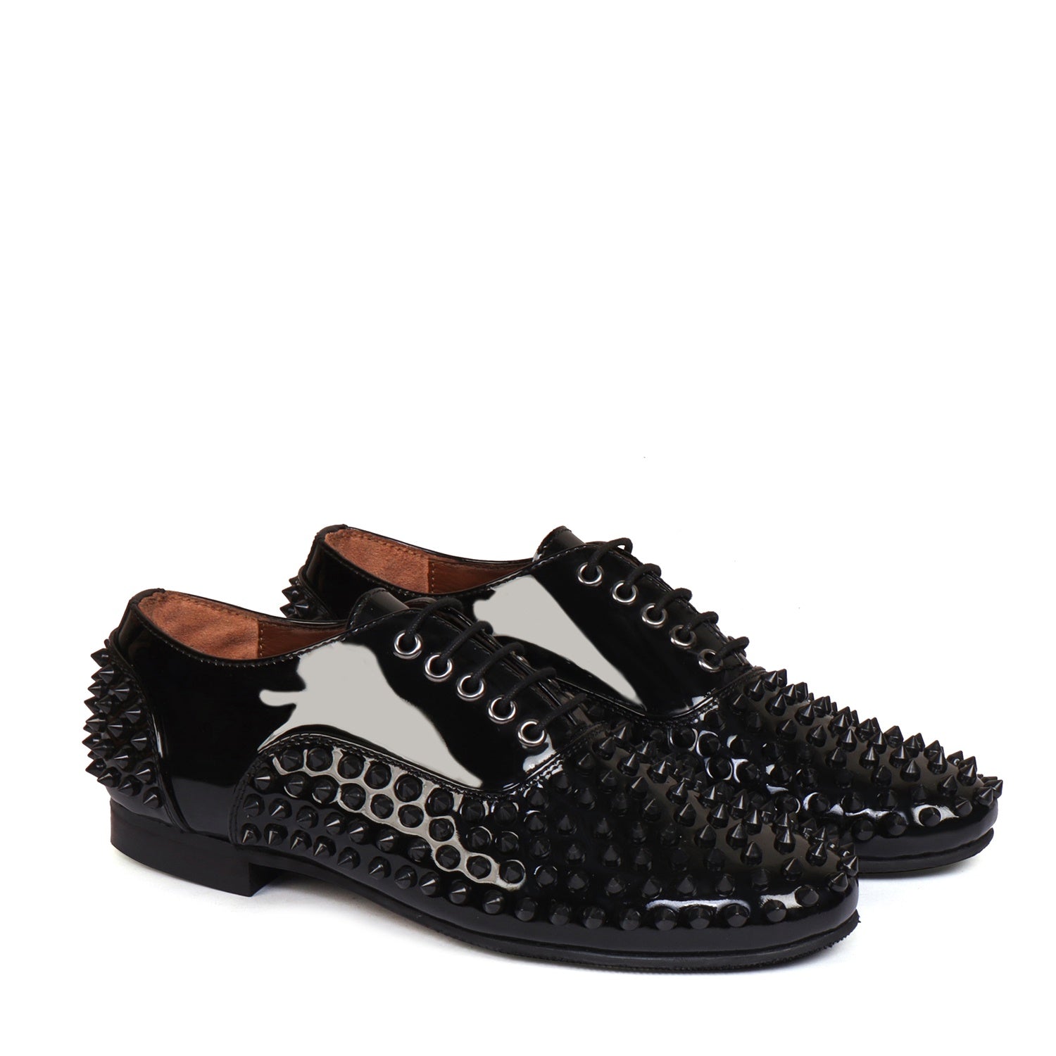 Toe And Counter Black Studded Patent Oxford Leather Lace-Up's Shoes For Men by Brune & Bareskin