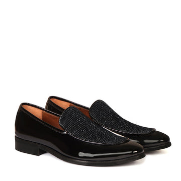Patent Black Slip-On Shoe with Flashy Rhinestone Zardosi Beads Leather Loafers