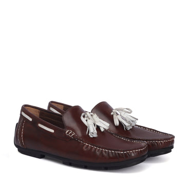 Side Lacing Tassel Bow Leather Loafers in Dark Brown Apron Toe