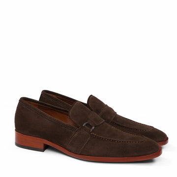 Dark Brown Suede Leather Metal Trim Strap Lightweight Penny Loafers