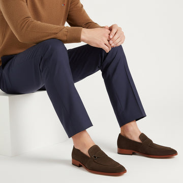 Dark Brown Suede Leather Metal Trim Strap Penny Loafers