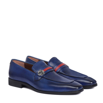 Blue Leather Slip-On with Lion Badge & Contrasting Red/Blue Strap