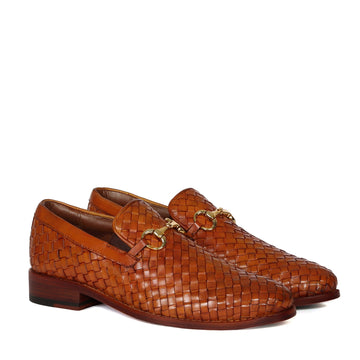 Hand Weaved Leather Loafer with Horse-bit Buckle Detailing