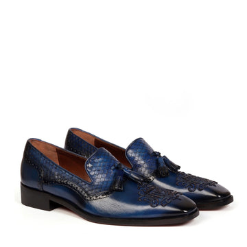 Zardosi Toe Blue Slip-Ons Shoes Snake Skin Textured Tassel Leather by Brune & Bareskin