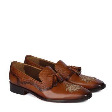 Zardosi Toe Snake Textured Tassel Tan Leather Slip-On Shoe For Men