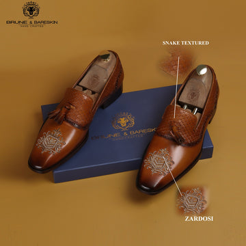 Zardosi Toe Snake Textured Tassel Tan Leather Slip-On Shoe For Men