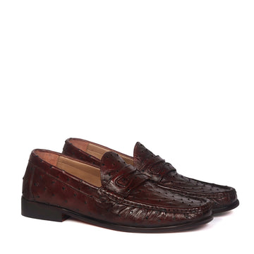 Stitched Pattern Dark Brown Loafer in Real Ostrich Leather
