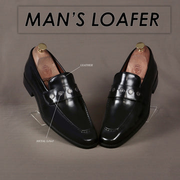 Handmade Penny Loafer Black Formal Slip-On Shoes with Mini Lion