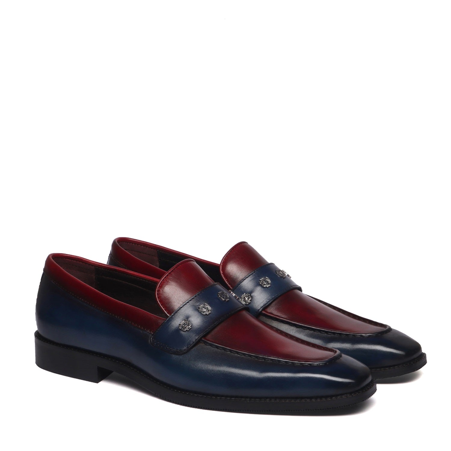 Handmade Two Tone Penny Loafer in Blue-Wine Designer Formal Slip-On Shoes