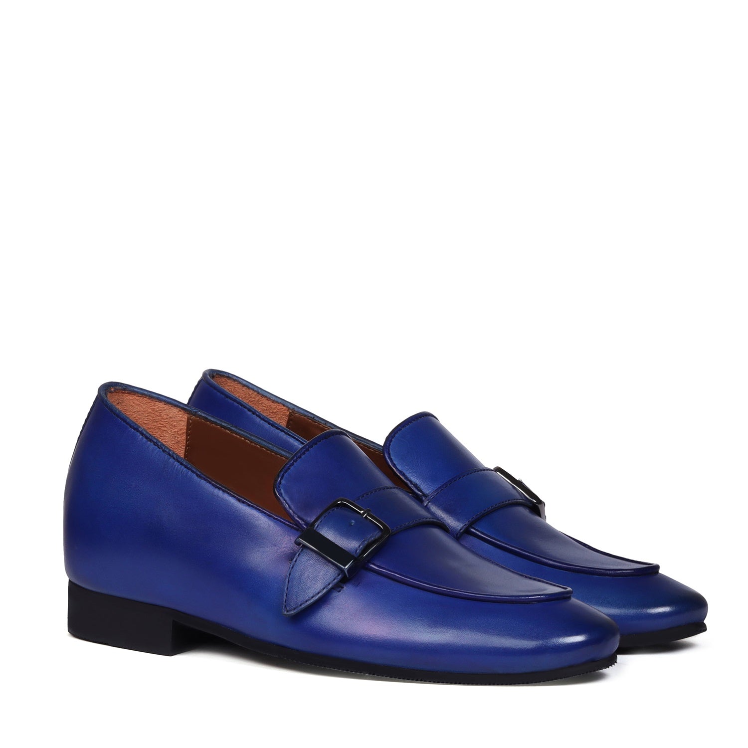 Slant Collar Blue Leather Single Monk Buckle Strap Apron Toe Slip-On Shoe By Brune & Bareskin