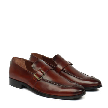 Single Monk Cognac Leather Apron Toe Buckle Strap Slip-On Shoe For Men By Brune & Bareskin