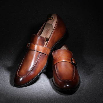 Single Monk Tan Leather Slip-On Shoe with Buckle Strap