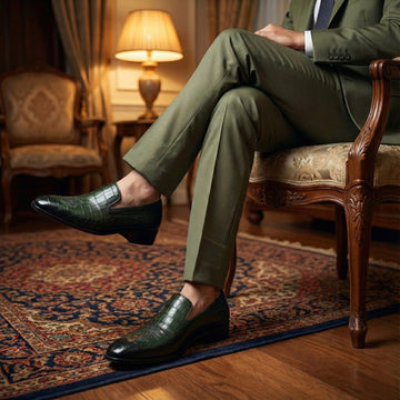 Laser Engraved Burnished Green Loafer in Deep Cut Croco Textured  Leather