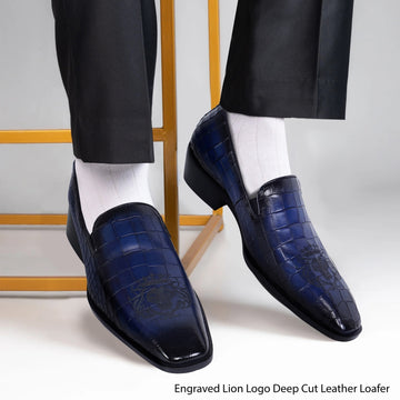 Laser Engraved Burnished Blue Loafer in Deep Cut Croco Textured  Leather
