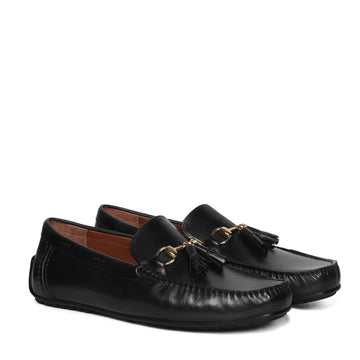 Luxurious Black Tassel Leather Loafers Shoe with Horse-bit Buckle