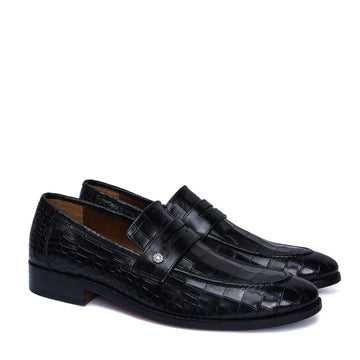 Mod Look Penny Loafers with Triangular Cut-Strap in Black High Quality Croco Textured Leather