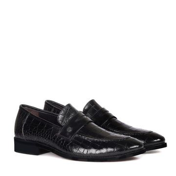 Triangular Cut-Strap Mod Look Penny Loafers in Black High Quality Croco Textured Leather