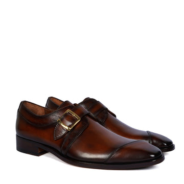 Single Monk Formal Shoes in Espresso Leather Slant Cap Toe Laser Engraved Top Line By Brune & Bareskin