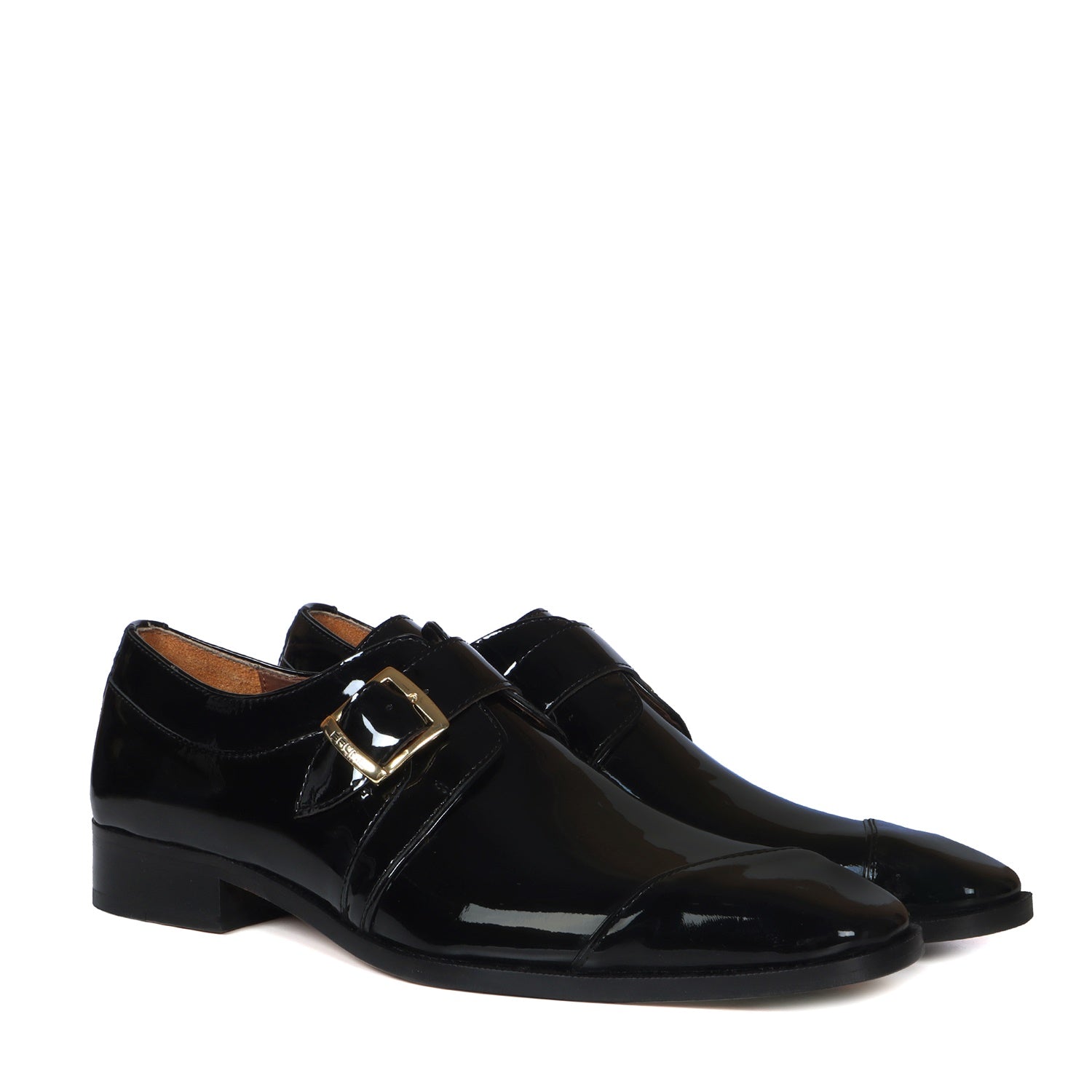 Slant Cap Toe Single Monk Formal Shoes in Black Patent Leather By Brune & Bareskin