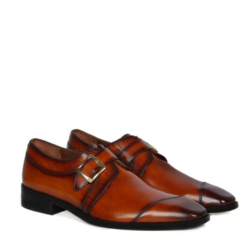 Tan Leather Single Monk Formal Shoes Slant Cap Toe Laser Engraved Top Line By Brune & Bareskin