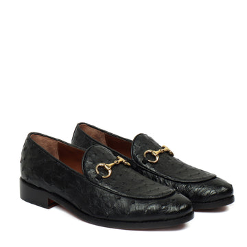 Horse-bit Detailing Apron Toe Slip-Ons Shoes in Black Real Ostrich Leather