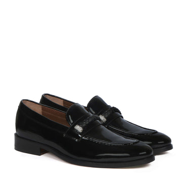 Crystal Beads Embellishments Loafers in Black Patent Leather