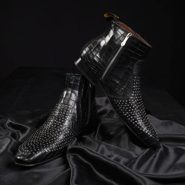 Stitched Black High Ankle Zipper Boots Metal Fleck Deep Cut Leather By Brune & Bareskin
